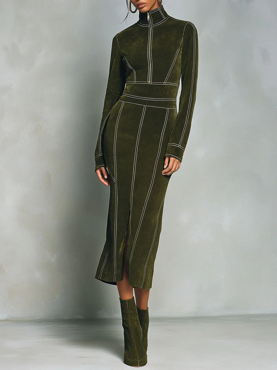 High Neck Zip-Up Olive Green Midi Dress With Contrast Stitching