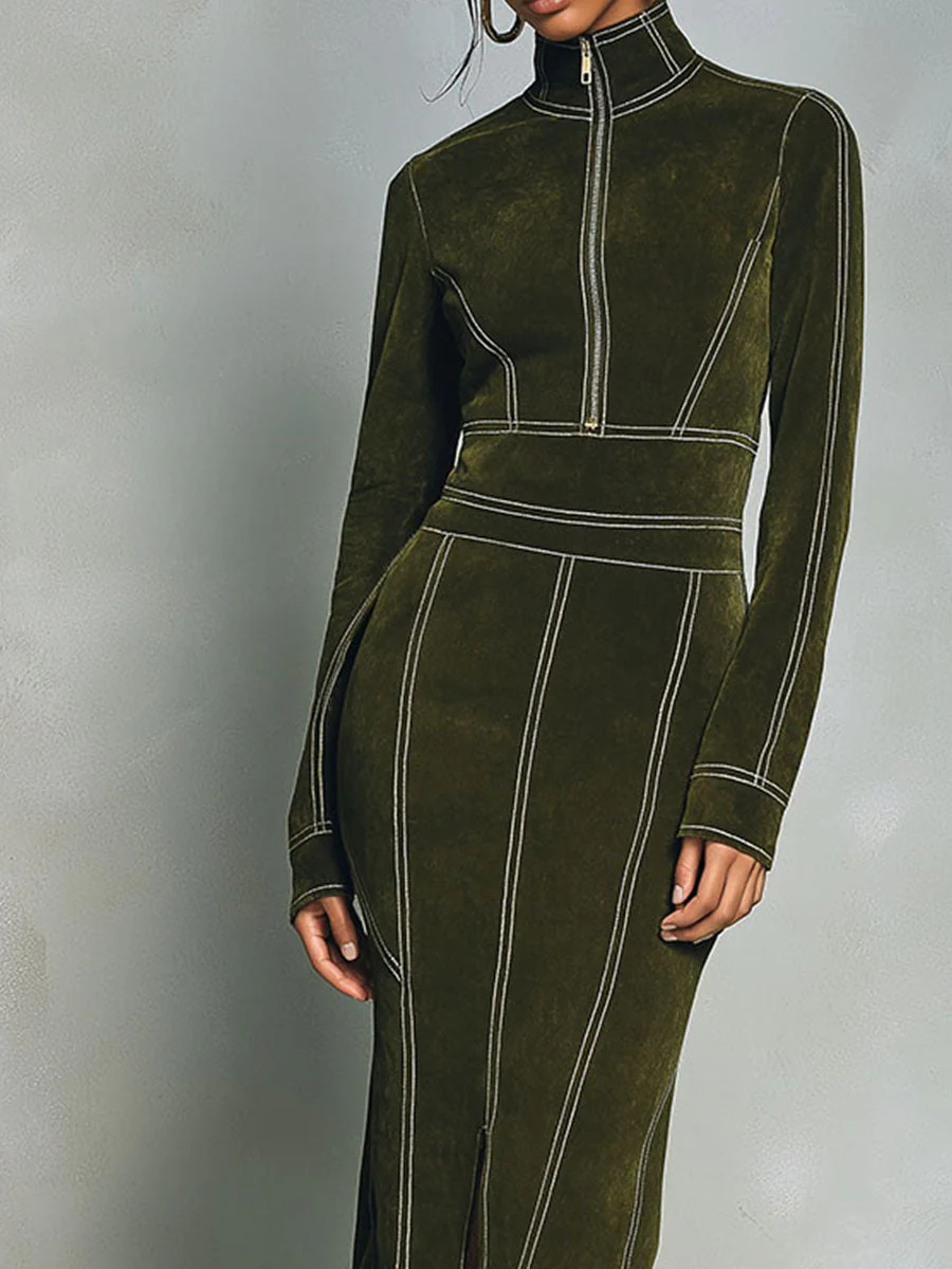 High Neck Zip-Up Olive Green Midi Dress With Contrast Stitching - Image 2