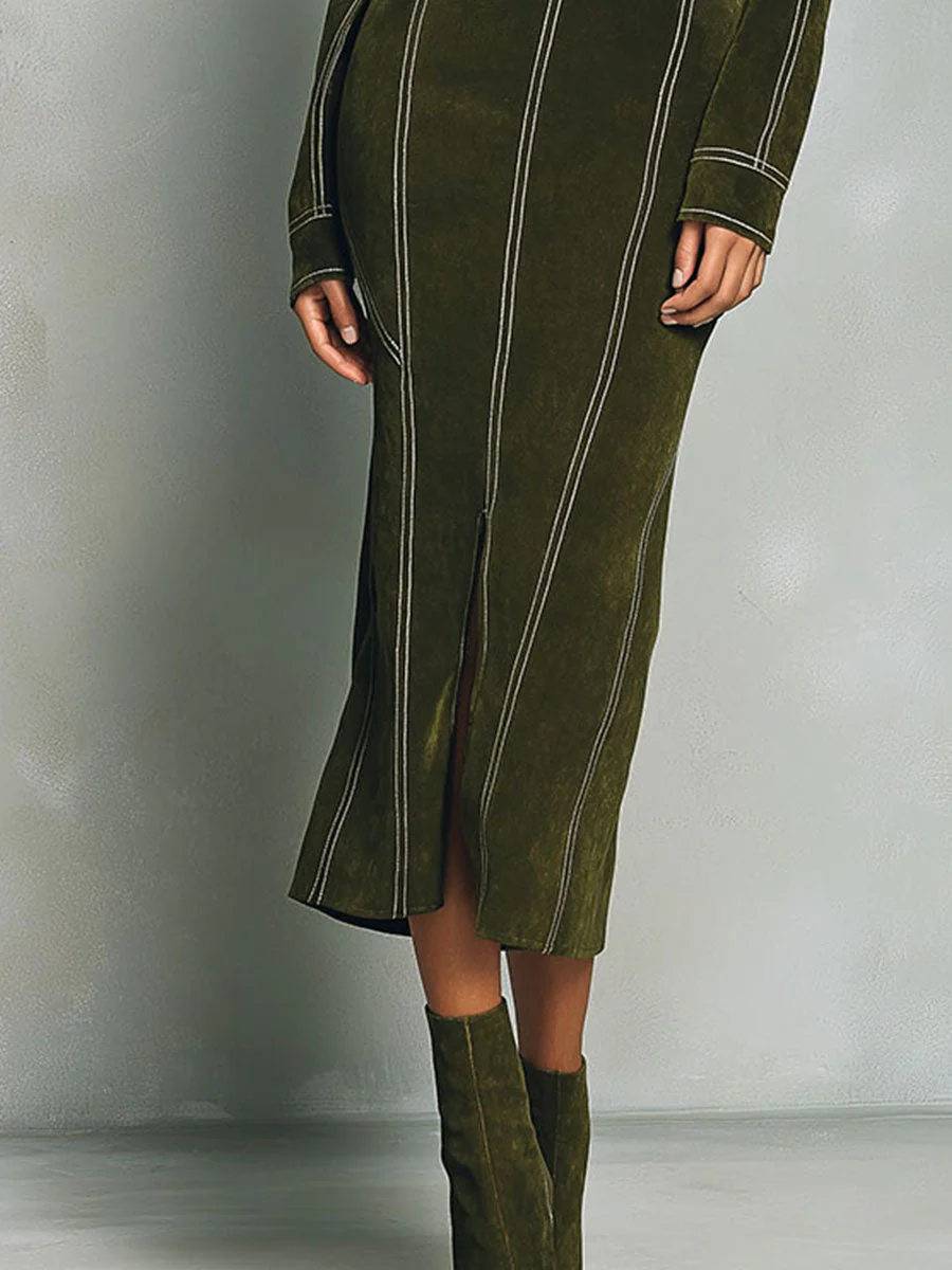 High Neck Zip-Up Olive Green Midi Dress With Contrast Stitching - Image 3