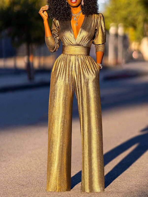High Waisted Three-Quarter Sleeves Shiny Solid Color Deep V-Neck Jumpsuits Bottoms - Image 5