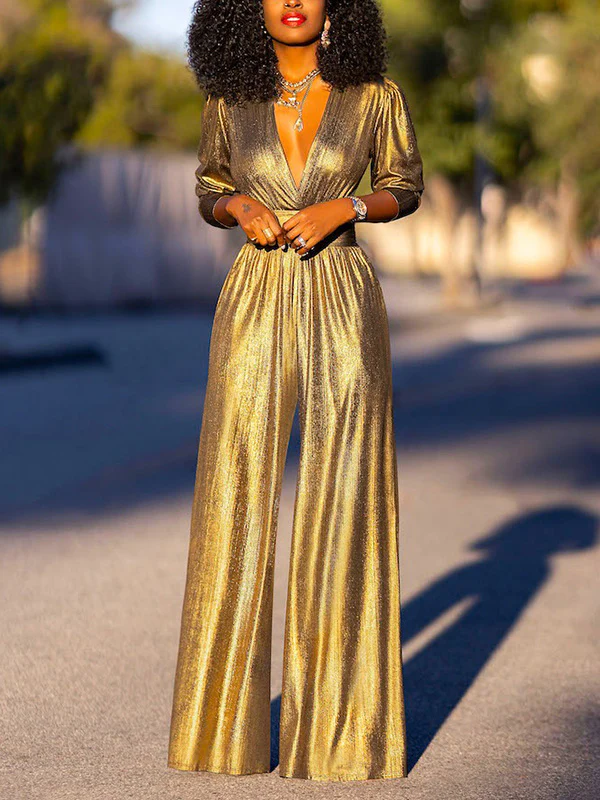 High Waisted Three-Quarter Sleeves Shiny Solid Color Deep V-Neck Jumpsuits Bottoms - Image 6