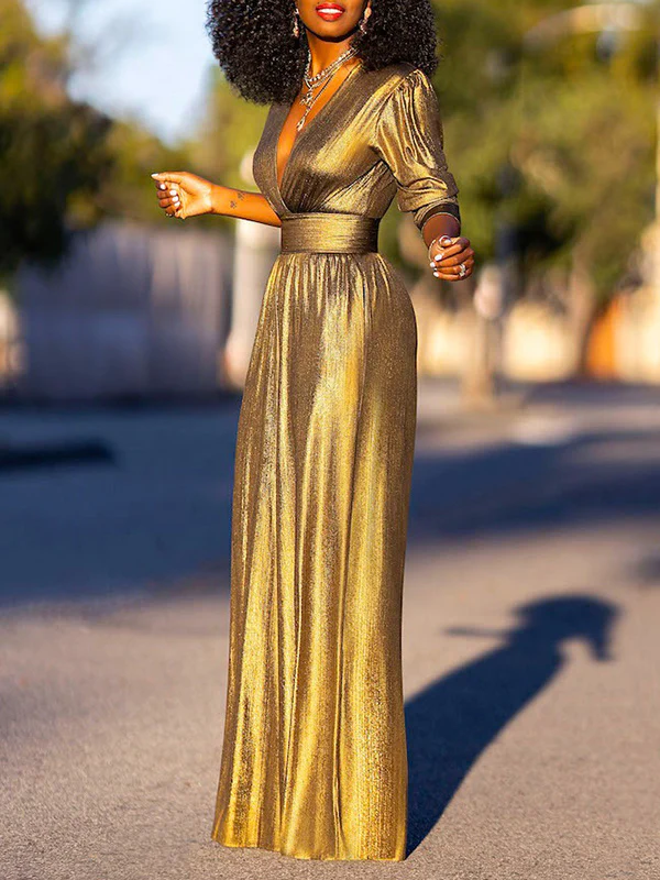 High Waisted Three-Quarter Sleeves Shiny Solid Color Deep V-Neck Jumpsuits Bottoms - Image 9
