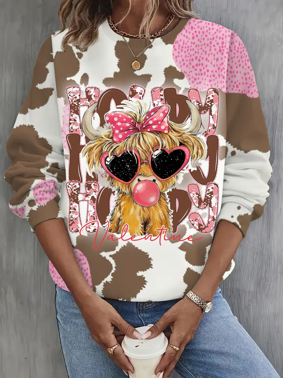 Highland Cow Valentine Coquette Long Sleeve Casual Top