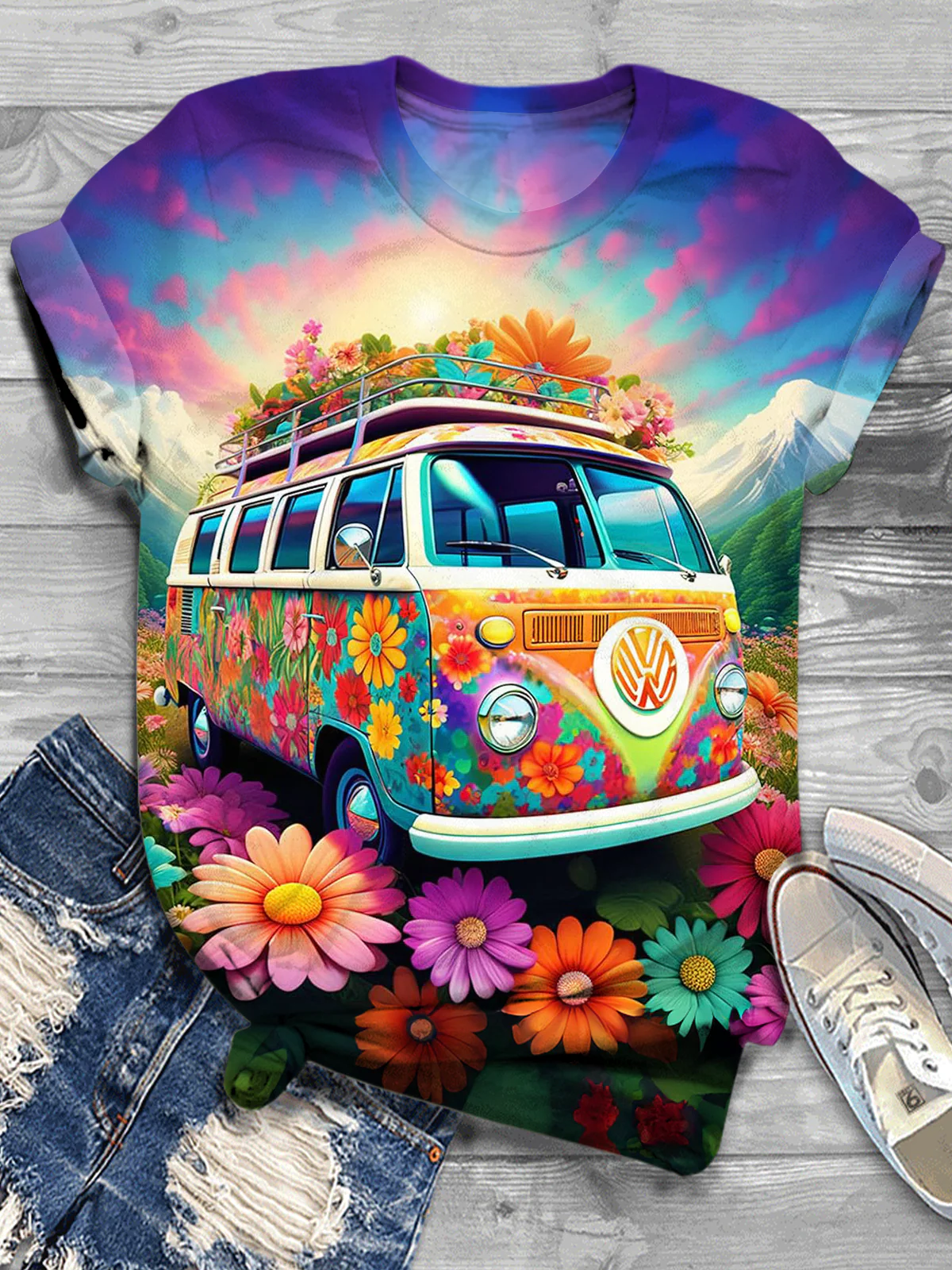 Hippie Flowers Bus Crew Neck T-shirt