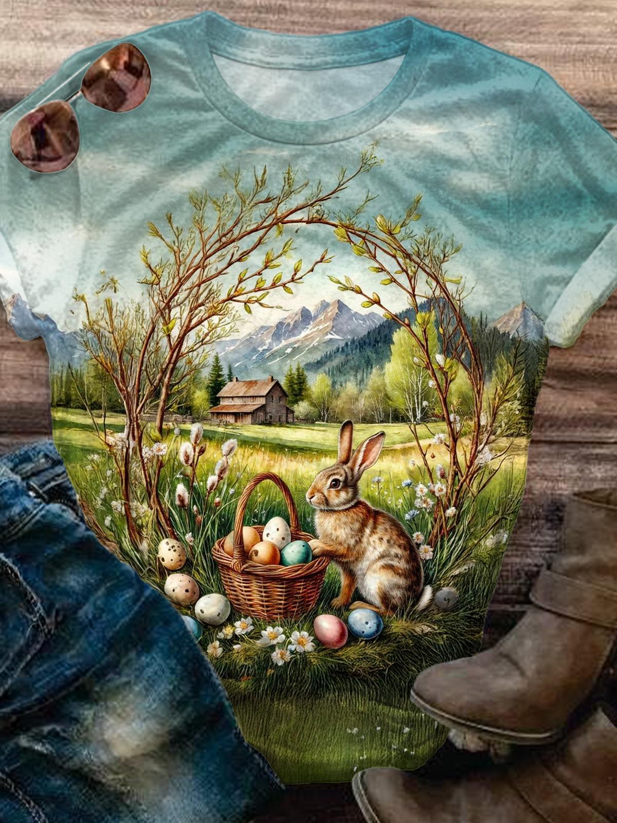 Illustration Easter Egg Rabbit Crew Neck T-shirt