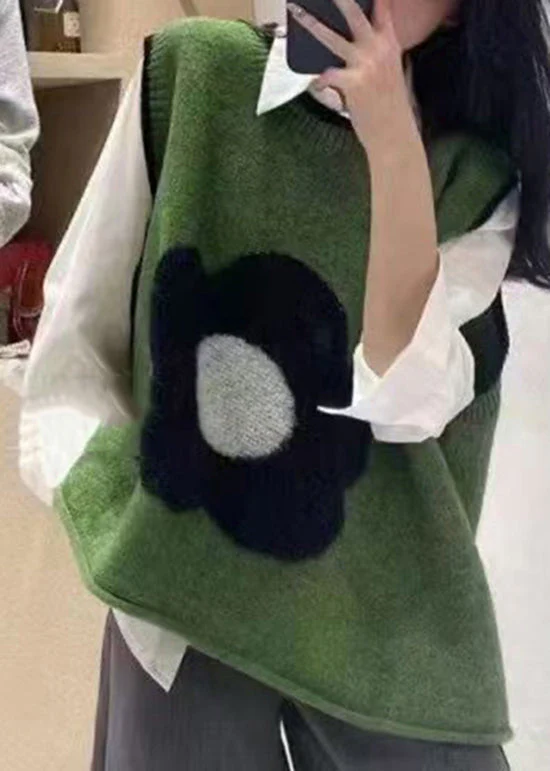 Pink O Neck Green Patchwork Knit Vest Sleeveless - Image 2