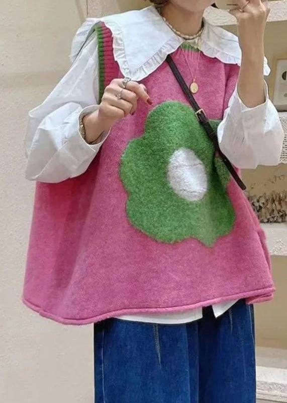 Pink O Neck Green Patchwork Knit Vest Sleeveless - Image 3