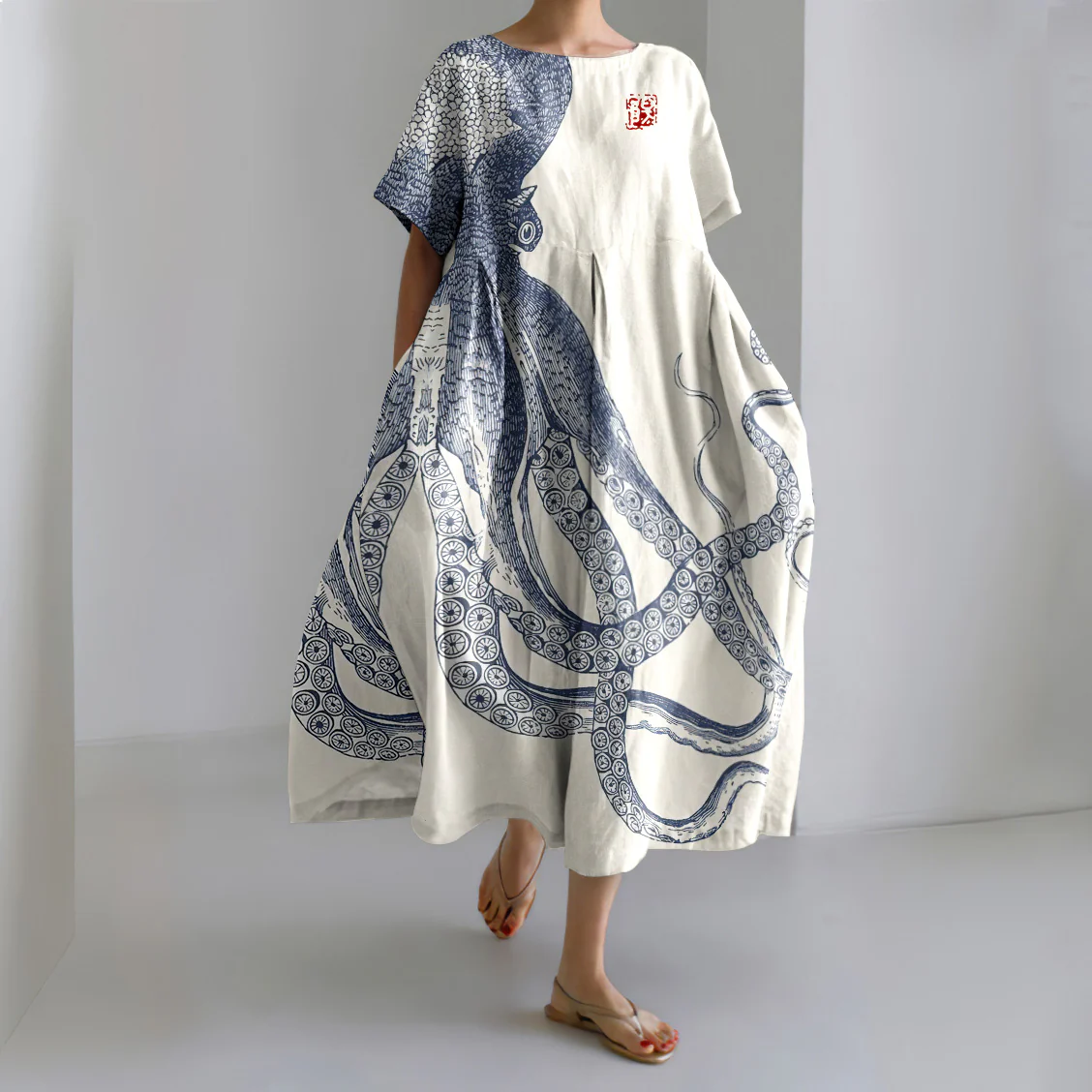 Japanese Art Octopus And Crab Print Casual Art Linen Blend Maxi Dress - Image 2