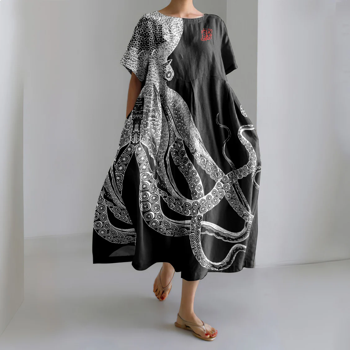 Japanese Art Octopus And Crab Print Casual Art Linen Blend Maxi Dress - Image 3