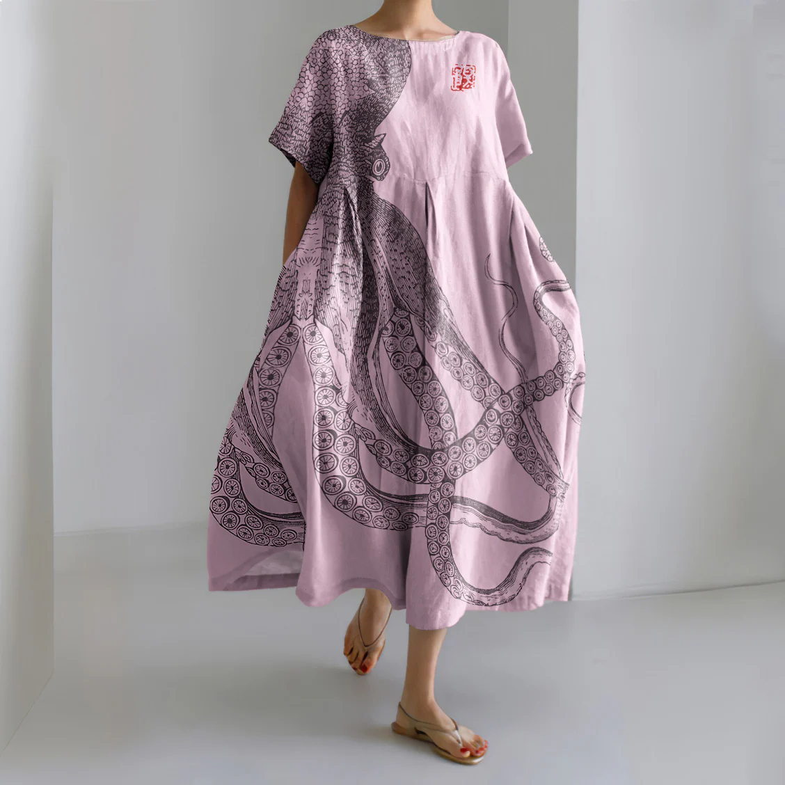 Japanese Art Octopus And Crab Print Casual Art Linen Blend Maxi Dress - Image 4