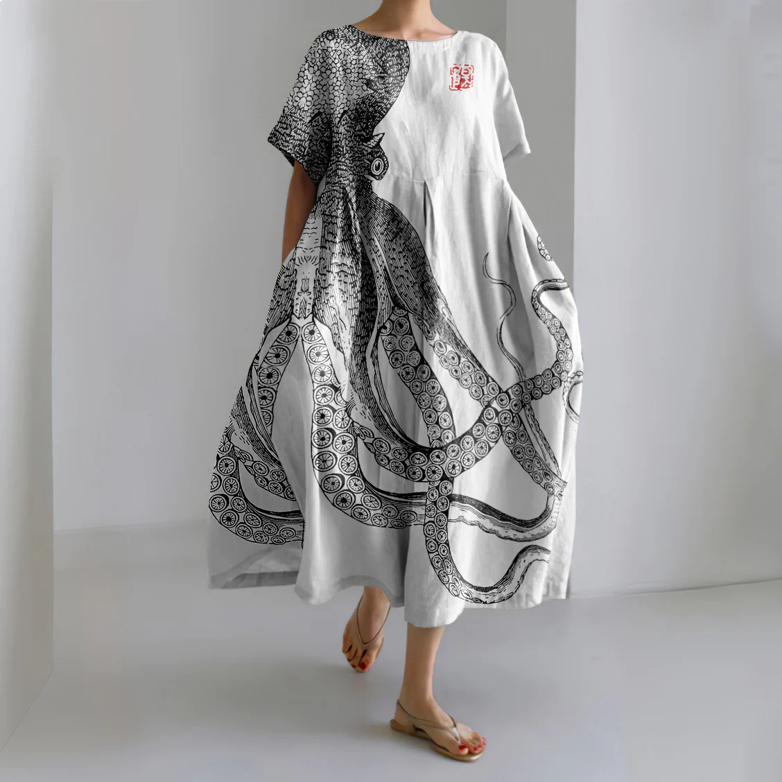 Japanese Art Octopus And Crab Print Casual Art Linen Blend Maxi Dress - Image 7