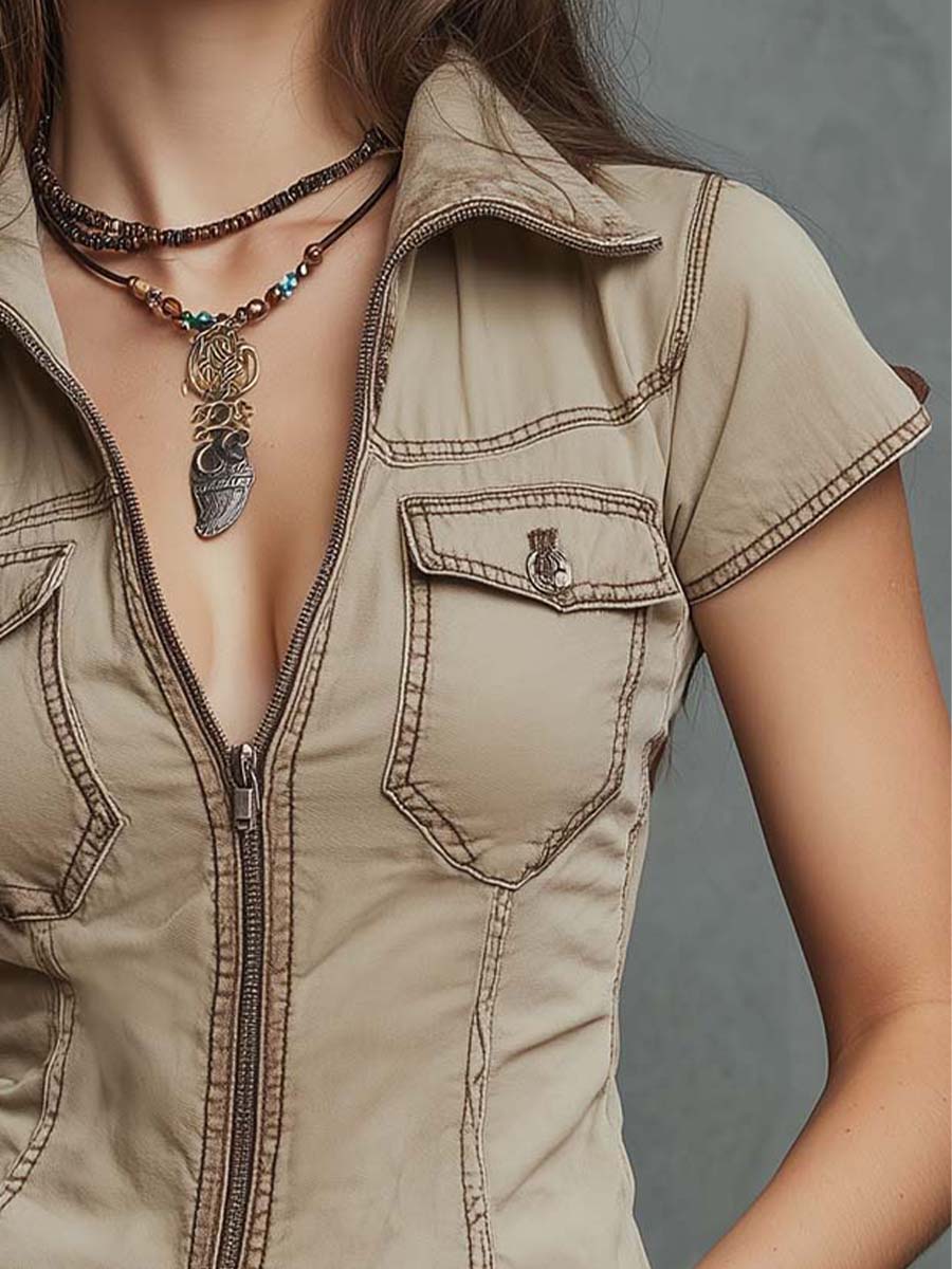Khaki Zip-Front Utility Top - Image 3