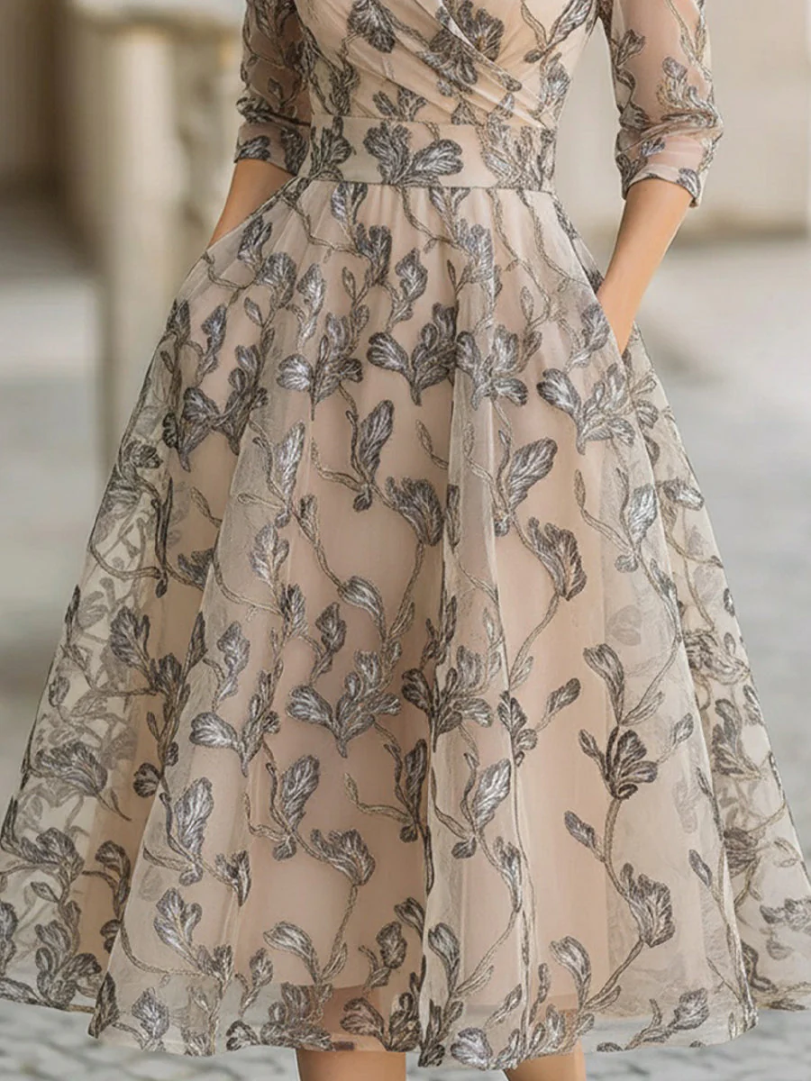 KSXTXX Embroidered Mesh Midi Dress With Metallic Leaf Motif - Image 3