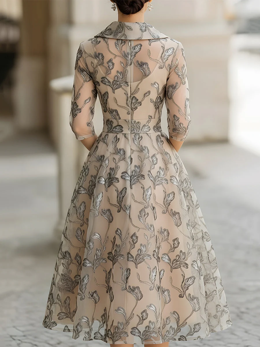 KSXTXX Embroidered Mesh Midi Dress With Metallic Leaf Motif - Image 4