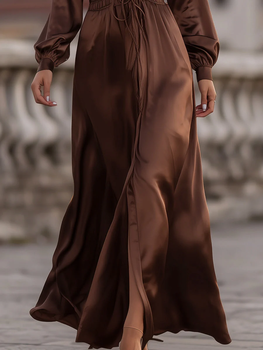 KSXTXX Satin Cinched Waist Maxi Dress In Mocha Brown - Image 3