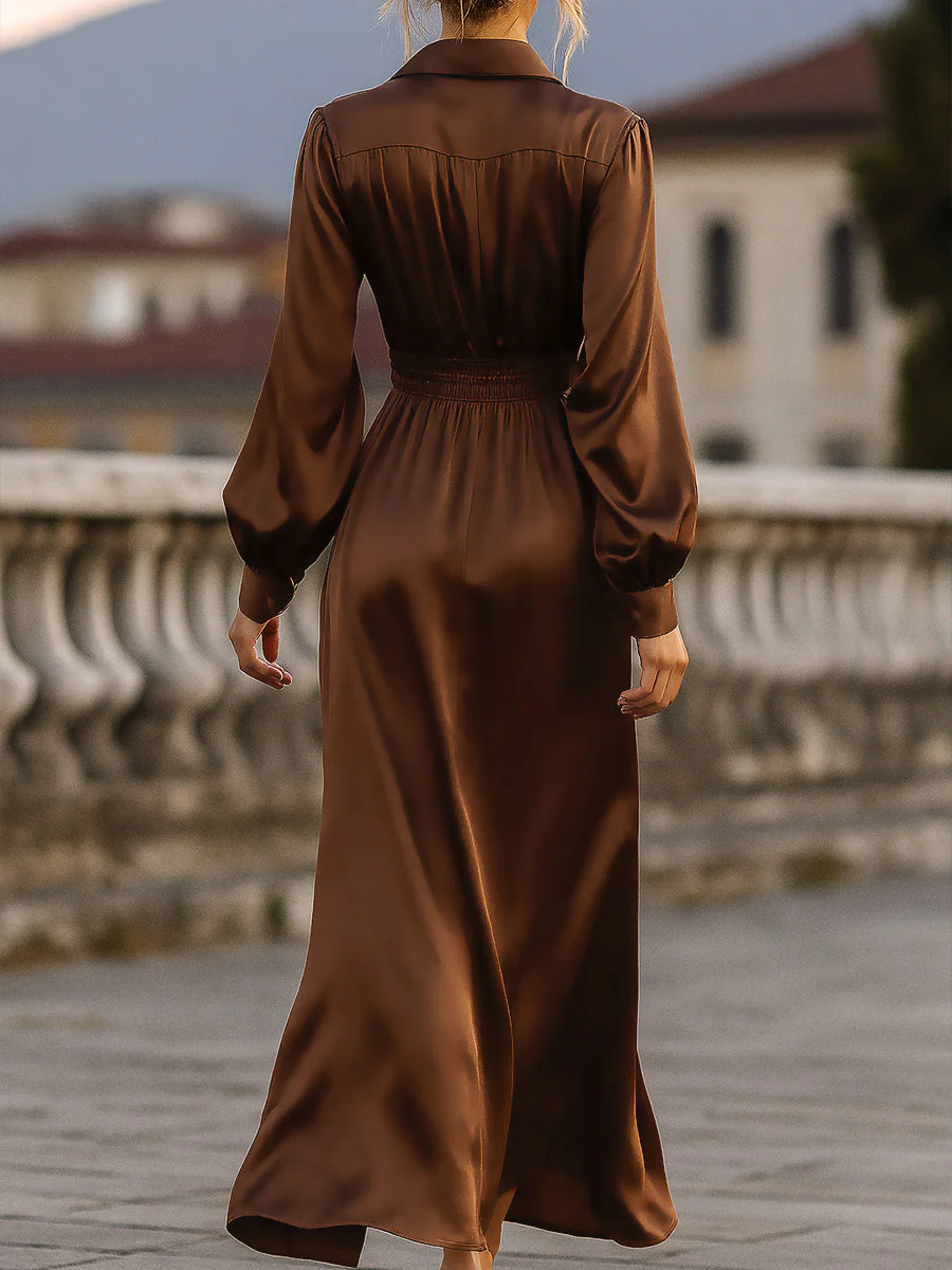 KSXTXX Satin Cinched Waist Maxi Dress In Mocha Brown - Image 4