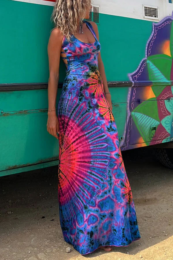 La Bamba Tie-dye Print Back Lace-up Stretch Maxi Dress - Image 11
