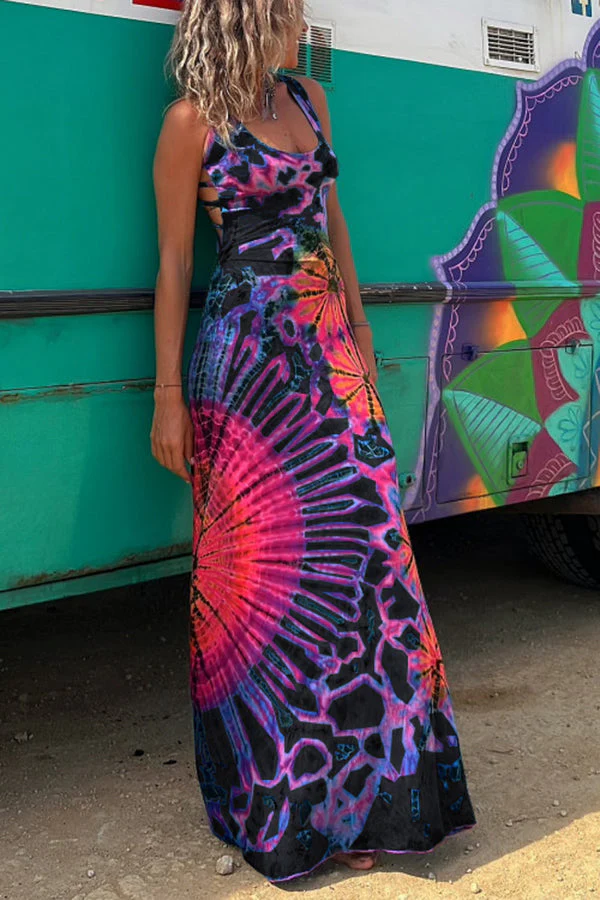 La Bamba Tie-dye Print Back Lace-up Stretch Maxi Dress - Image 13