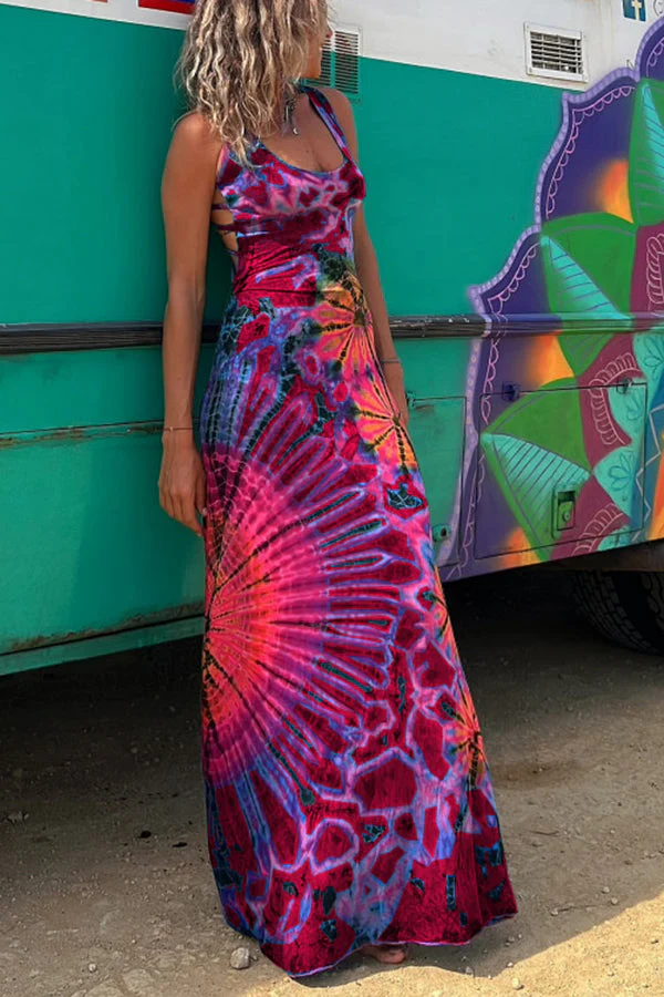 La Bamba Tie-dye Print Back Lace-up Stretch Maxi Dress - Image 5
