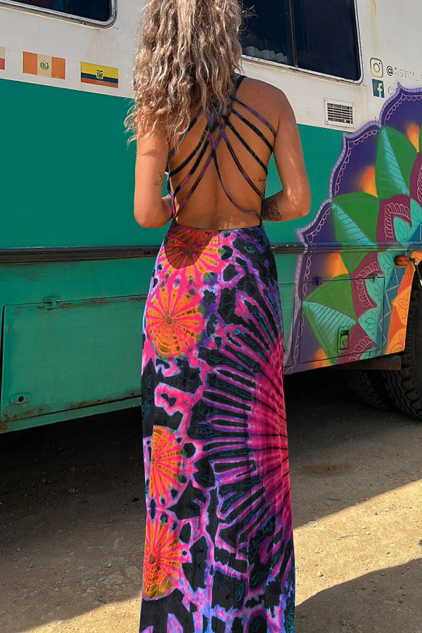La Bamba Tie-dye Print Back Lace-up Stretch Maxi Dress - Image 8