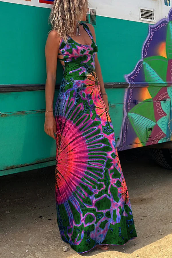 La Bamba Tie-dye Print Back Lace-up Stretch Maxi Dress - Image 9