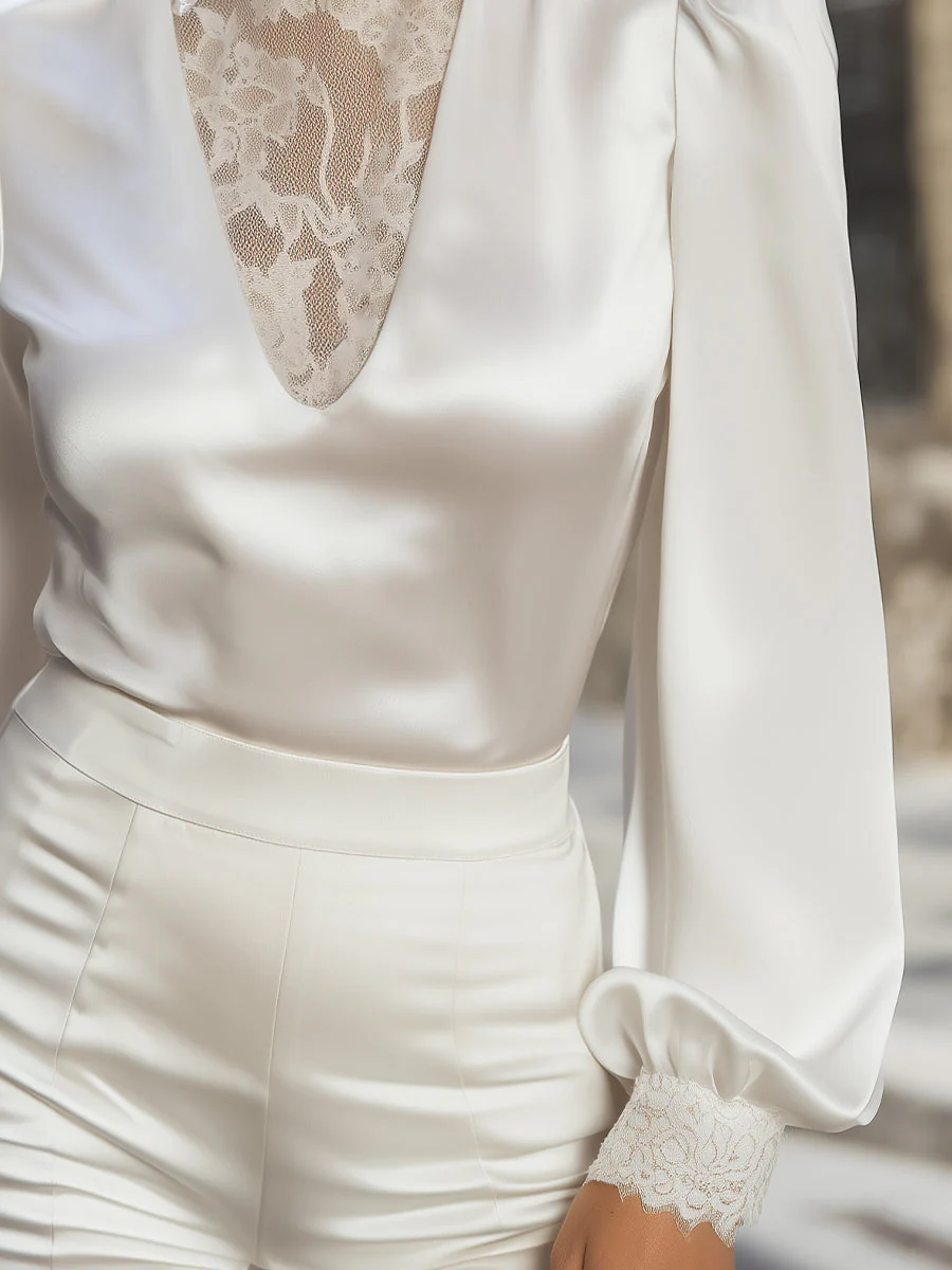 Lace-Detail High Neck Satin Blouse - Image 3