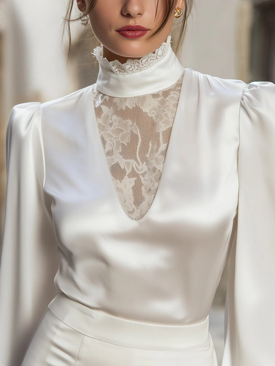 Lace-Detail High Neck Satin Blouse - Image 4