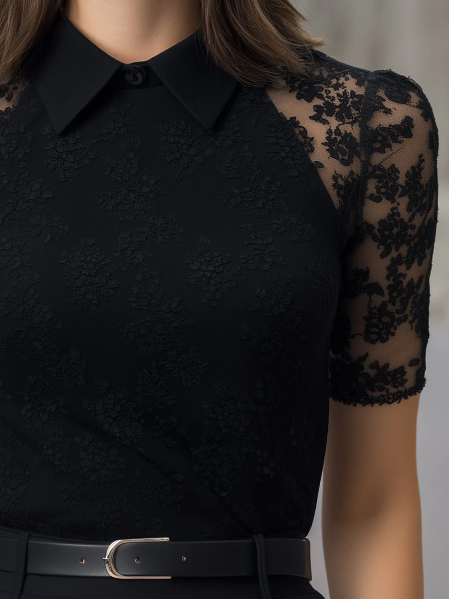Lace Short Sleeve Blouse With Pointed Collar - Image 3