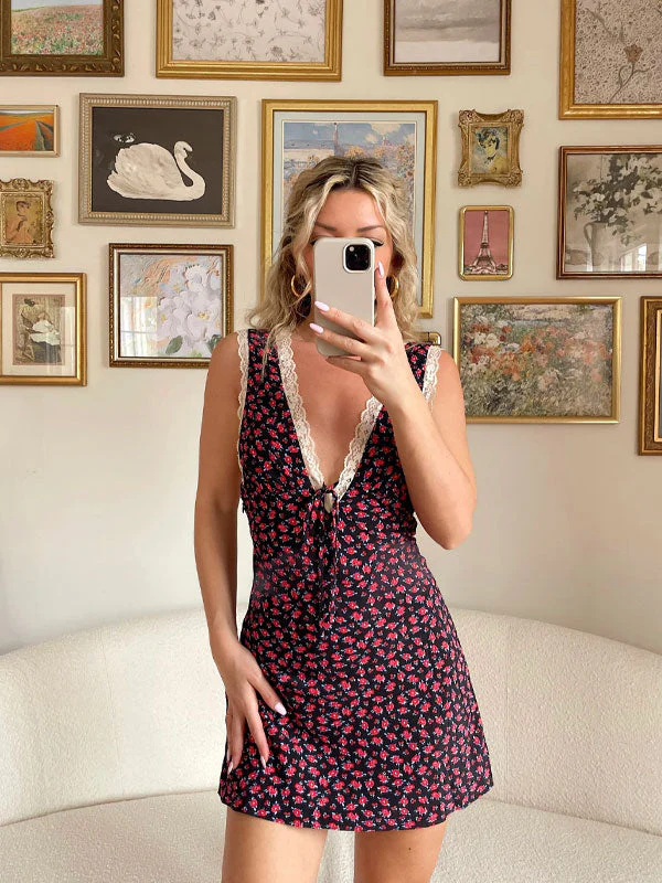 Lace tie front floral dress