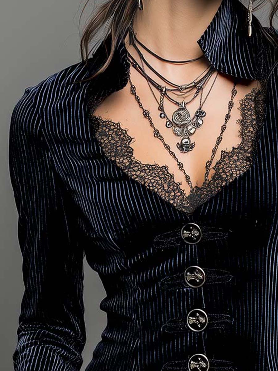 Lace V-neck Flared Cuffs Vintage Velvet Shirt - Image 2
