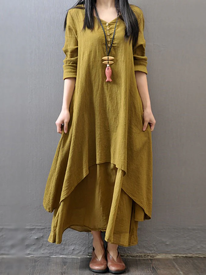 Ladies Cotton Linen Fake Two Piece Long Sleeve Dress - Image 3