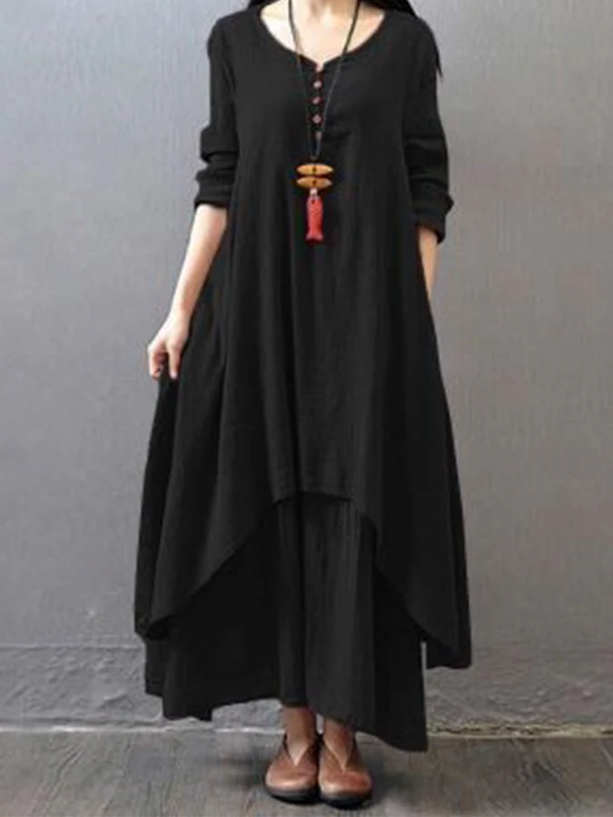 Ladies Cotton Linen Fake Two Piece Long Sleeve Dress - Image 4