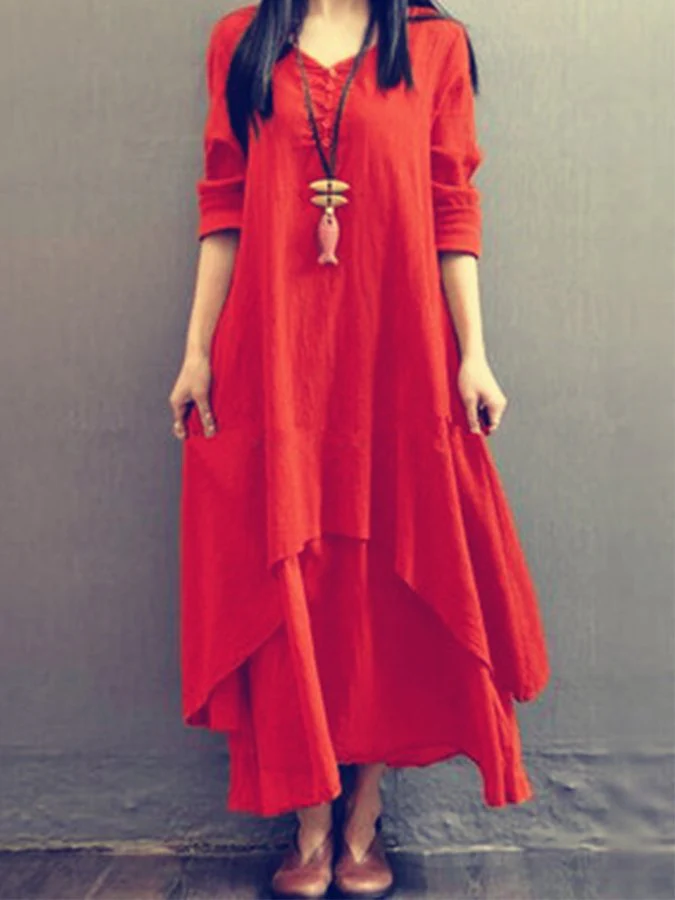 Ladies Cotton Linen Fake Two Piece Long Sleeve Dress - Image 5