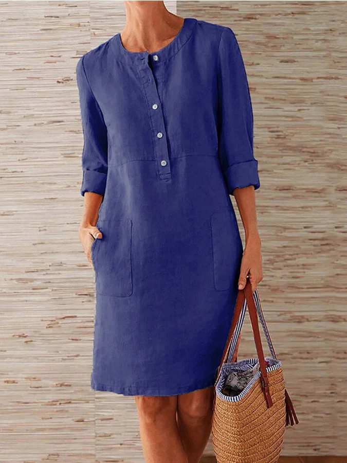 Ladies Cotton Linen Round Neck Long Sleeve Dress - Image 3
