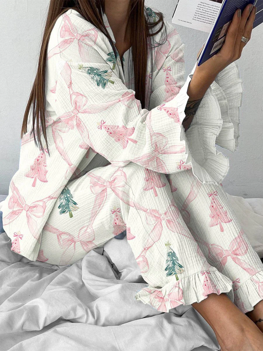 Ladies Pink Bow Christmas Tree Cute Elegant Pajama Set - Image 2