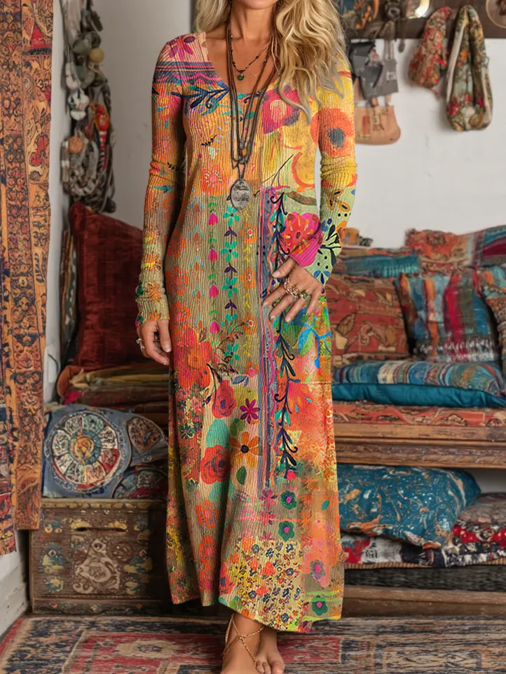 Ladies Vintage Boho Floral Art Prints Elegant V-neck Long Sleeve Knit Pocket Dresses