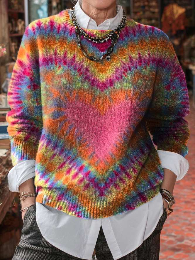 Ladies Vintage Boho Flower Art Print Knit Casual Pullover Sweater