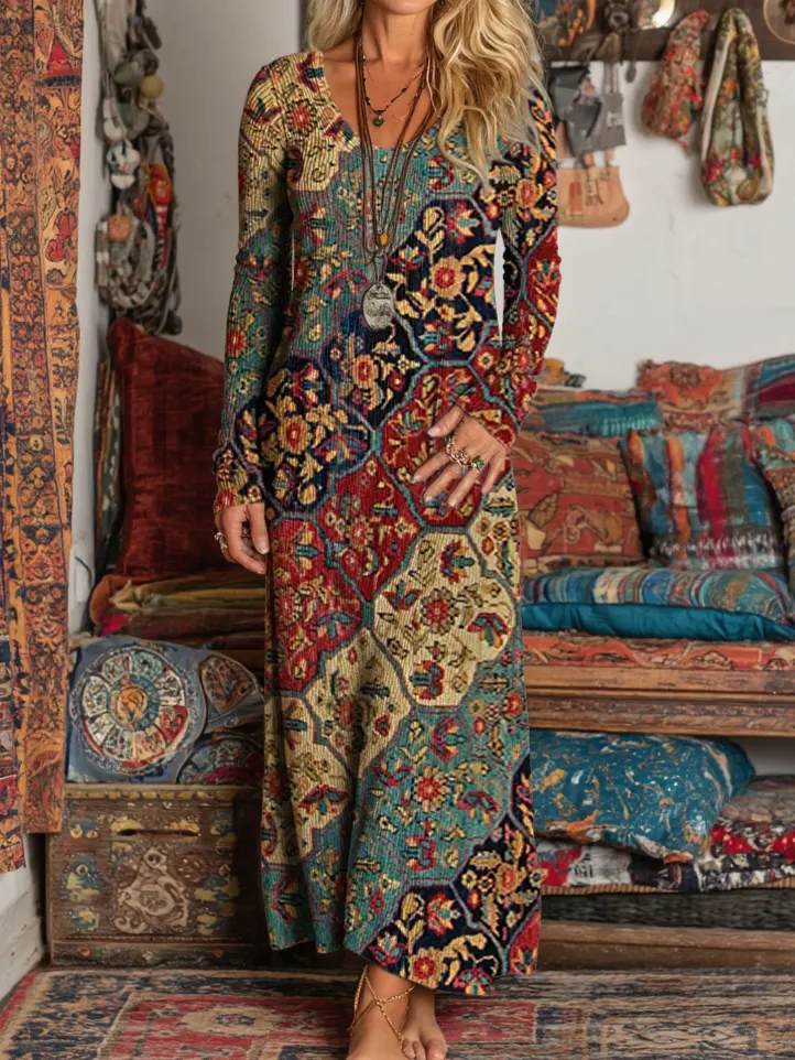 Ladies Vintage Ethnic Geometric Floral Art Prints Elegant V-neck Long Sleeve Knit Pocket Dresses