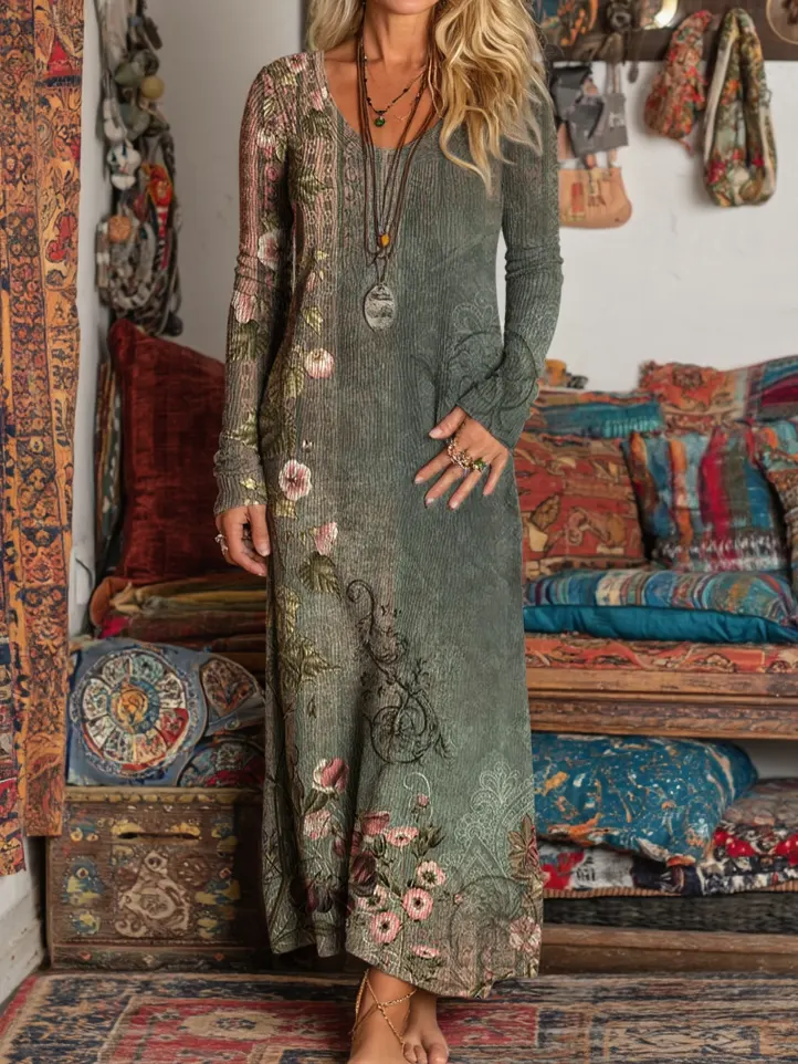 Ladies Vintage Ethnic Green Floral Art Prints Elegant V-neck Long Sleeve Knit Pocket Dress