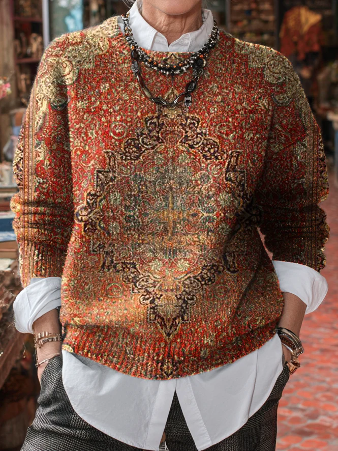 Ladies Vintage Ethnic Orange Totem Art Print Knit Casual Pullover Sweater