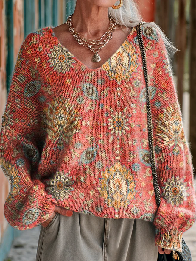 Ladies Vintage Ethnic Red Floral Art Prints Casual V-neck Knitwear
