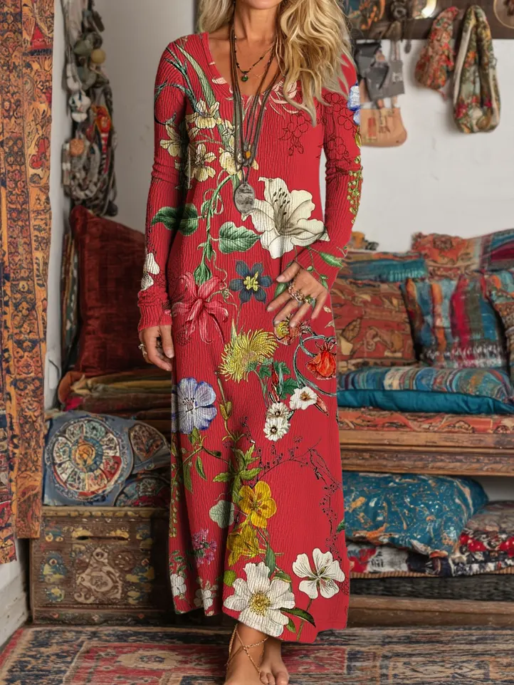 Ladies Vintage Ethnic Red Floral Art Prints Elegant V-neck Long Sleeve Knit Pocket Dress