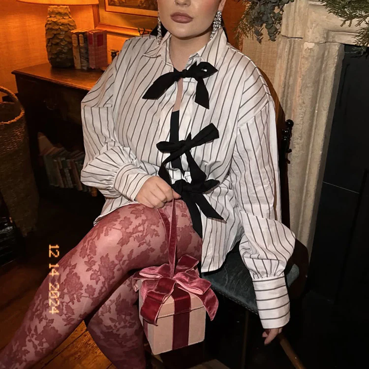 Lapel Long Sleeve Bowknot Lace Printing Striped Shirt - Image 3
