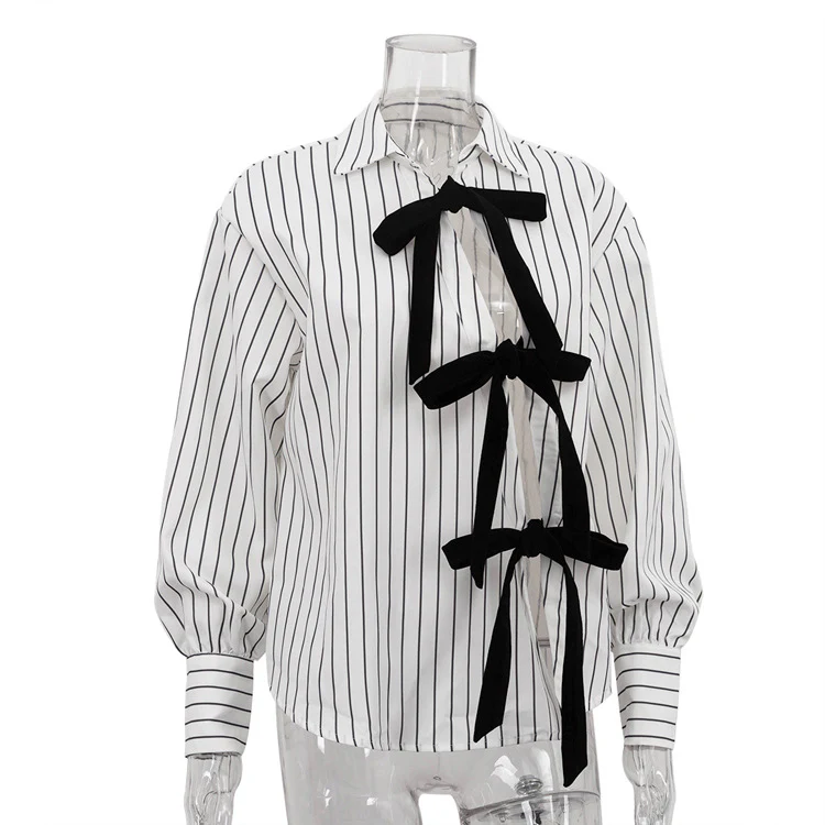 Lapel Long Sleeve Bowknot Lace Printing Striped Shirt - Image 5