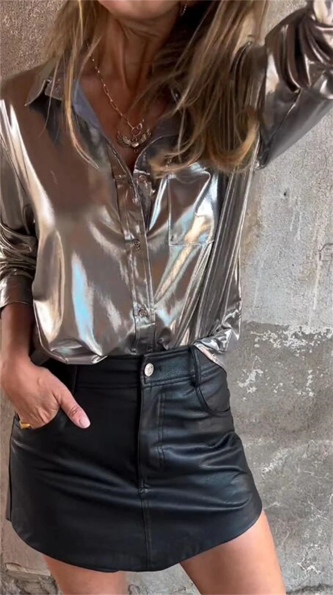 Lapel Long Sleeve Lustrous Shirt - Image 2