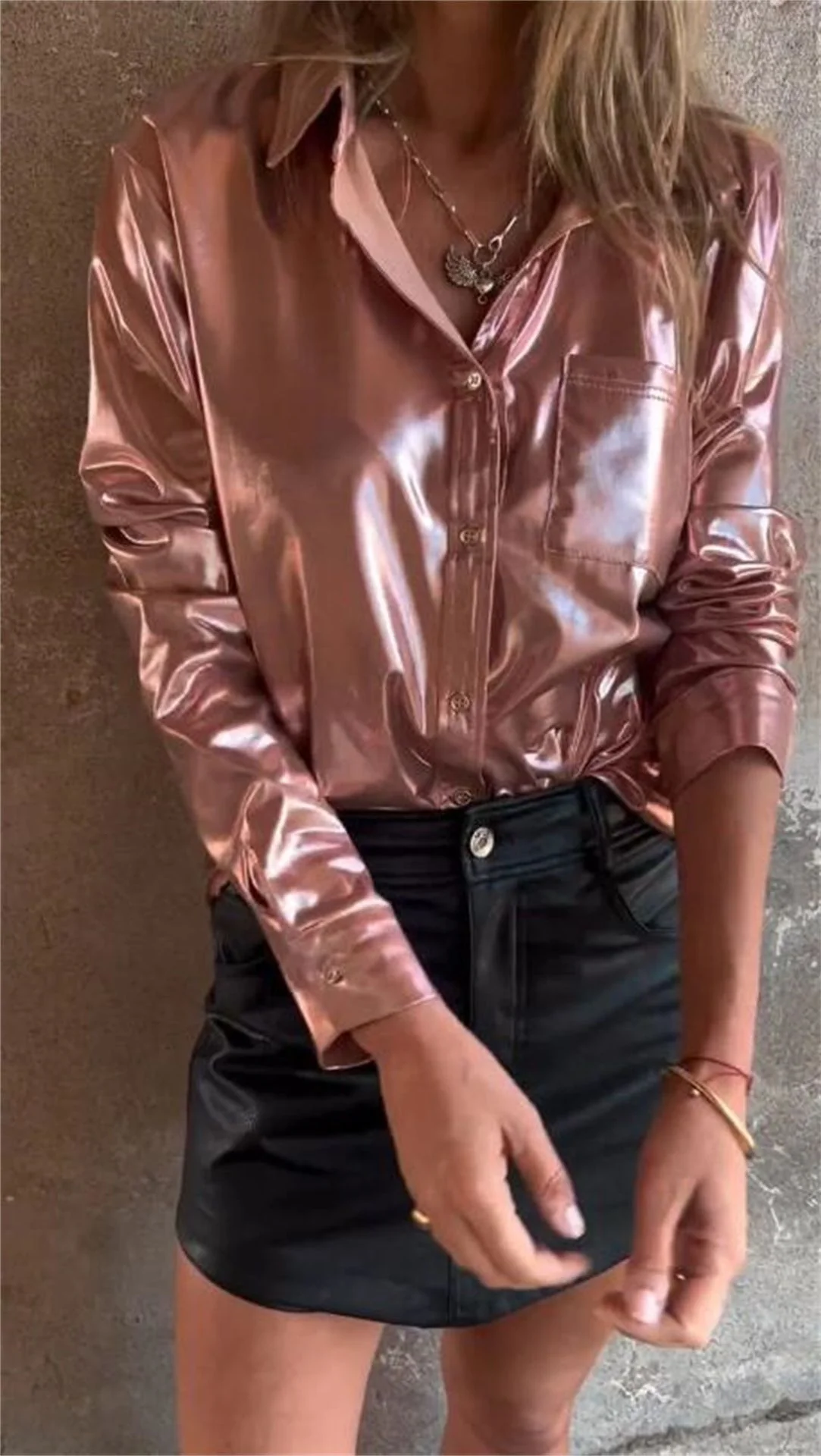 Lapel Long Sleeve Lustrous Shirt - Image 5