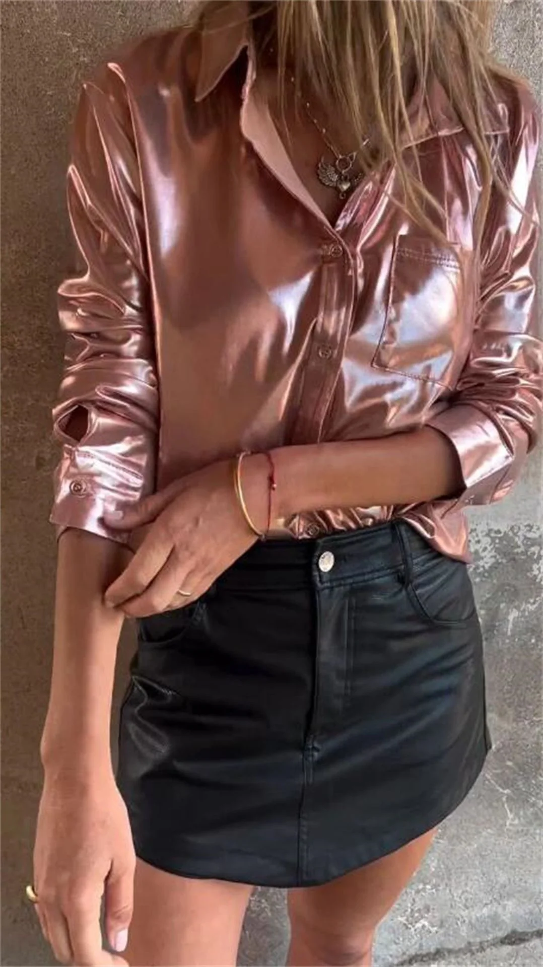 Lapel Long Sleeve Lustrous Shirt - Image 6