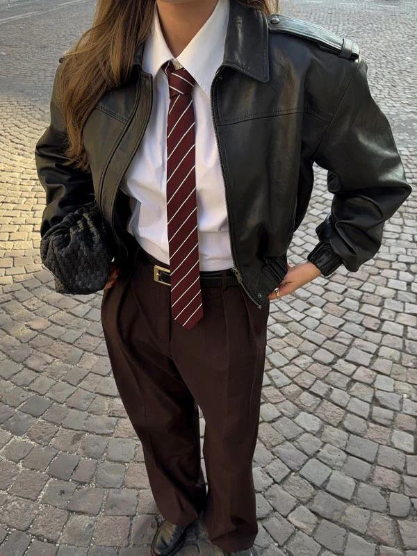 Lapel neck faux leather jacket - Image 3