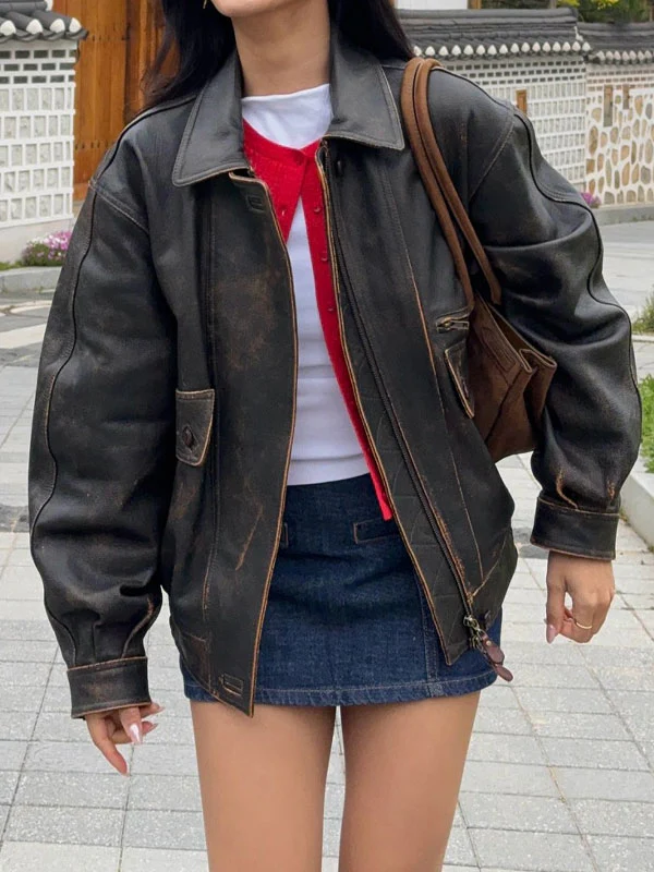 Lapel neck faux leather jacket - Image 2