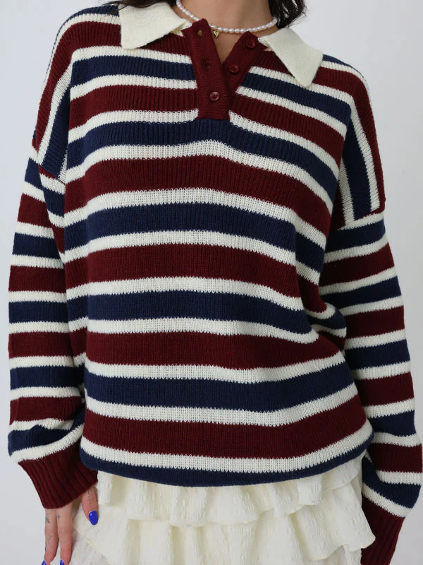 Lapel Neck Stripes Knitted Pullover Sweater